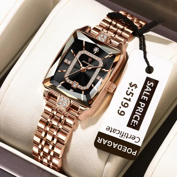 Stainless steel quartz women watch elegant waterproof calendar - 785 RoseGold Black