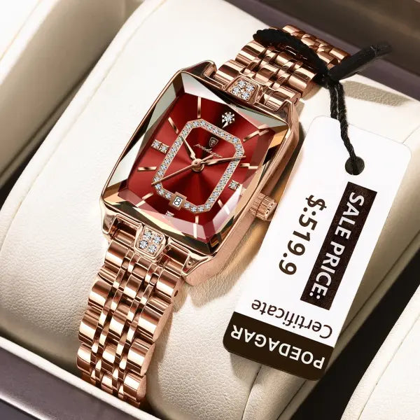 Stainless steel quartz women watch elegant waterproof calendar - 785 RoseGold Red