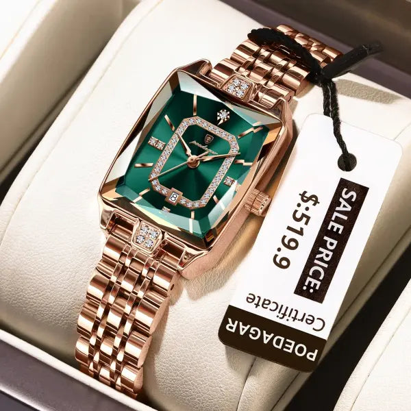 Stainless steel quartz women watch elegant waterproof calendar - 785 RoseGold Green