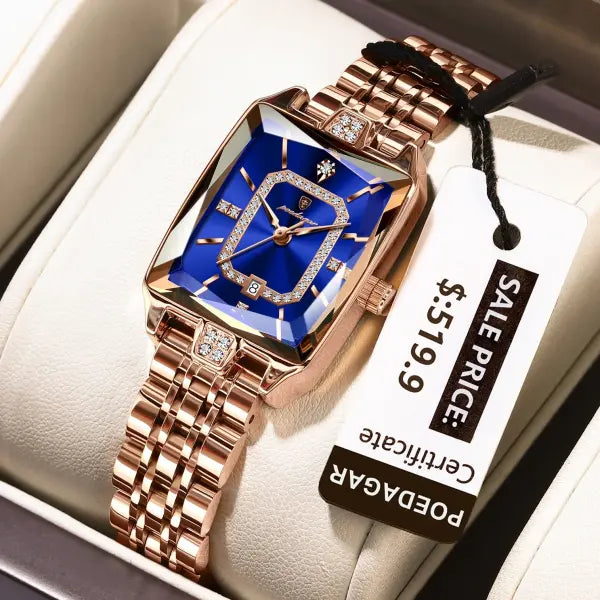 Stainless steel quartz women watch elegant waterproof calendar - 785 RoseGold Blue