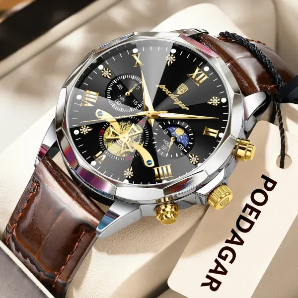 Luminous Chronograph Quartz Watch Leather Band for Water Sports - 938 Gold Black