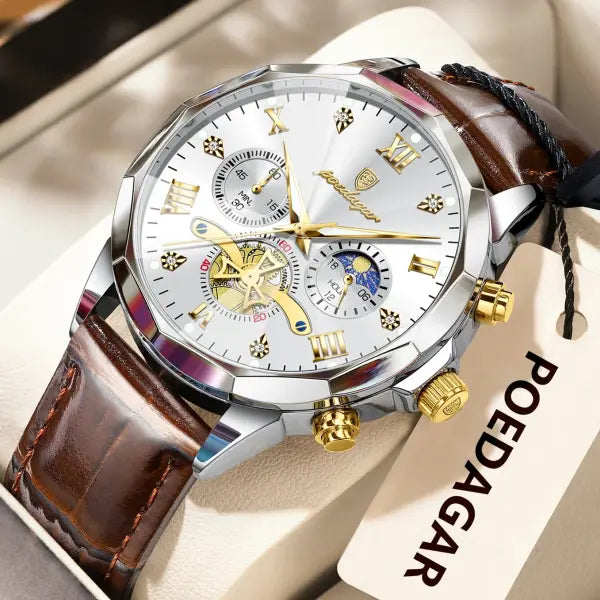 Luminous Chronograph Quartz Watch Leather Band for Water Sports - 938 Gold White