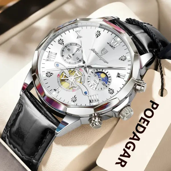 Luminous Chronograph Quartz Watch Leather Band for Water Sports - 938 Silver White
