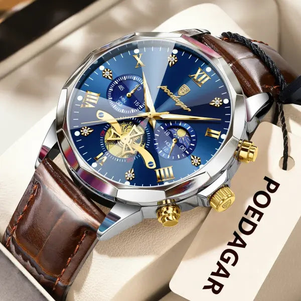 Luminous Chronograph Quartz Watch Leather Band for Water Sports - 938 Gold Blue