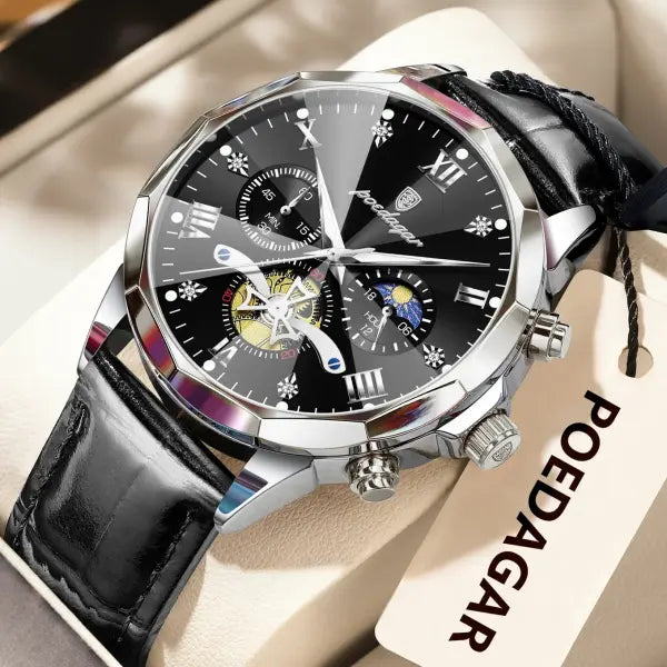 Luminous Chronograph Quartz Watch Leather Band for Water Sports - 938 Silver Black