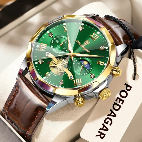 Luminous Chronograph Quartz Watch Leather Band for Water Sports - 938 Gold Gold Green