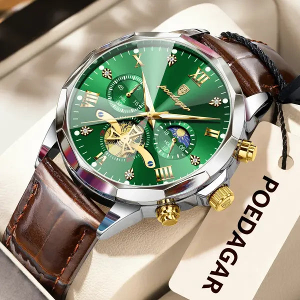 Luminous Chronograph Quartz Watch Leather Band for Water Sports - 938 Gold Green