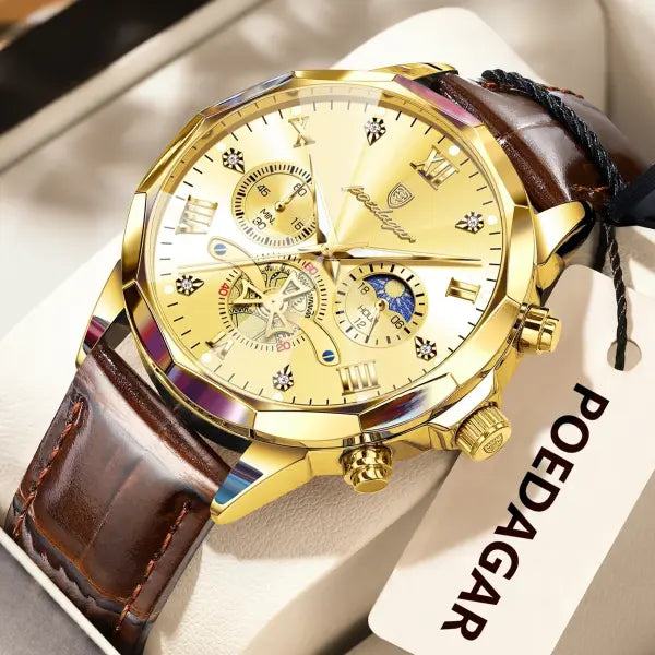 Luminous Chronograph Quartz Watch Leather Band for Water Sports - 938 Gold Gold