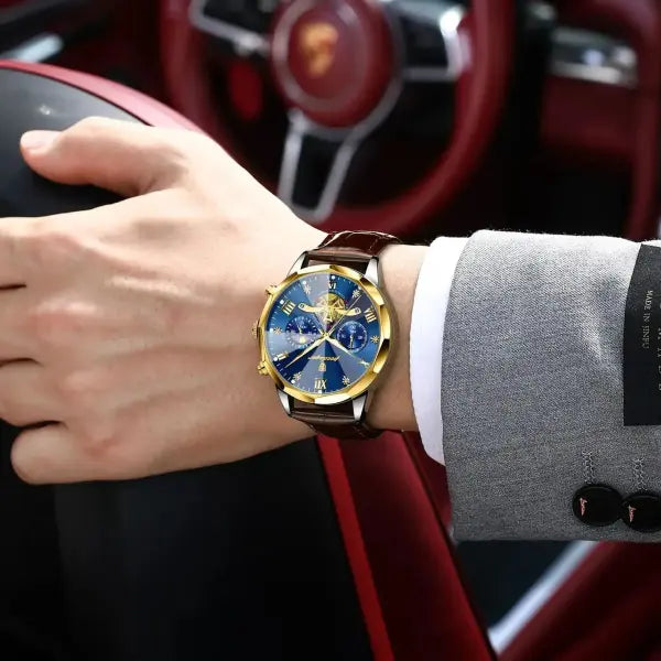 Luminous Chronograph Quartz Watch Leather Band for Water Sports