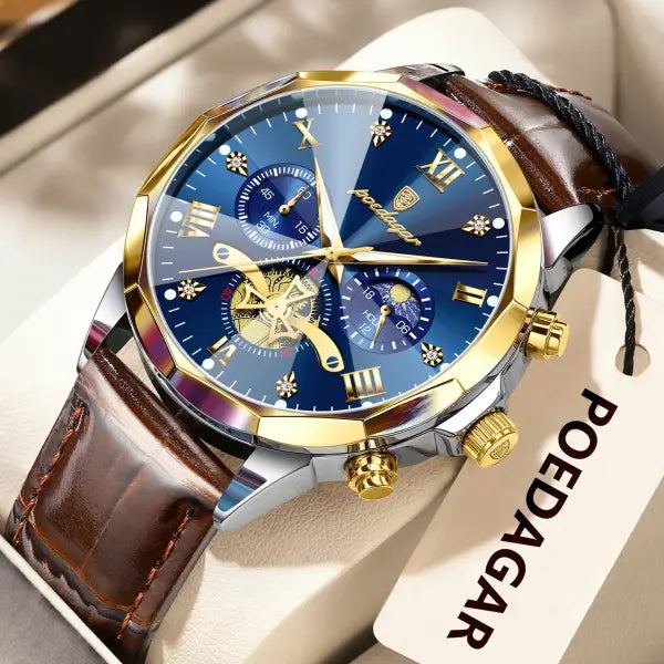 Luminous Chronograph Quartz Watch Leather Band for Water Sports - 938 Gold Gold Blue