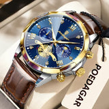Luminous Chronograph Quartz Watch Leather Band for Water Sports - 938 Gold Gold Blue