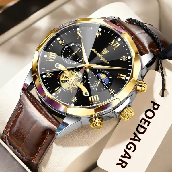 Luminous Chronograph Quartz Watch Leather Band for Water Sports - 938 Gold Gold Black