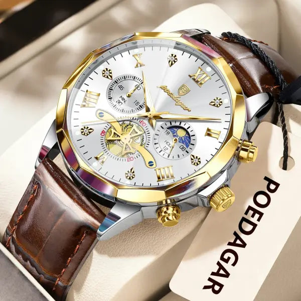 Luminous Chronograph Quartz Watch Leather Band for Water Sports - 938 Gold Gold White