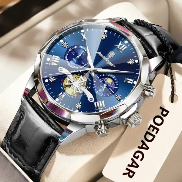 Luminous Chronograph Quartz Watch Leather Band for Water Sports - 938 Silver Blue