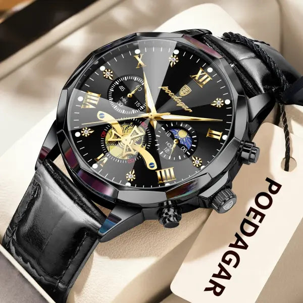 Luminous Chronograph Quartz Watch Leather Band for Water Sports - 938 Black Black