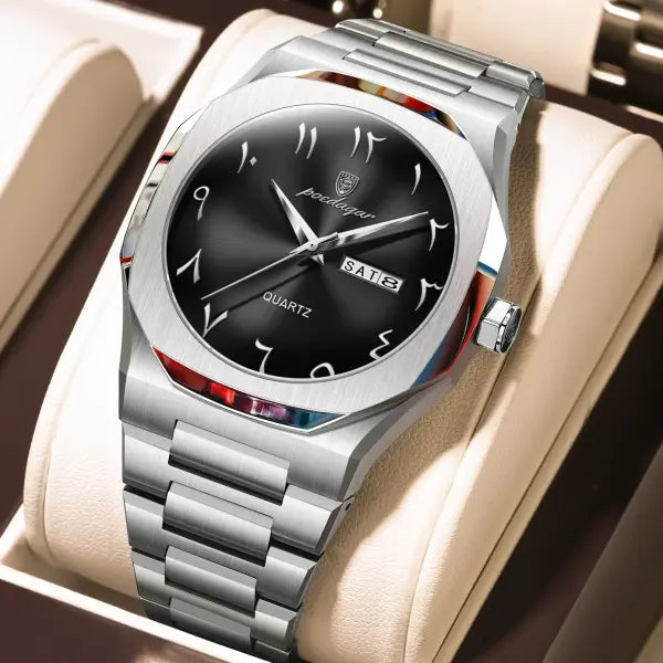 Stainless Steel Band Quartz Watch with Hidden Clasp for Men - 830 Silver Black