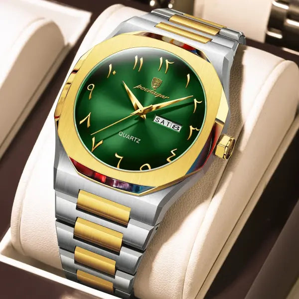 Stainless Steel Band Quartz Watch with Hidden Clasp for Men - 830 Gold Green