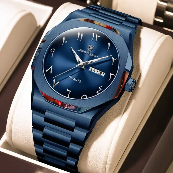 Stainless Steel Band Quartz Watch with Hidden Clasp for Men - 830 Blue Blue