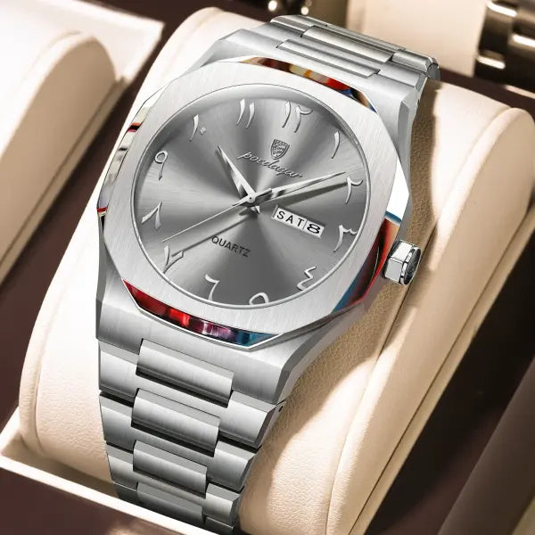 Stainless Steel Band Quartz Watch with Hidden Clasp for Men - 830 Silver Grey