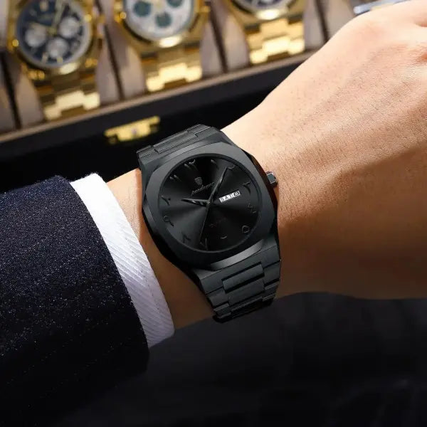 Stainless Steel Band Quartz Watch with Hidden Clasp for Men