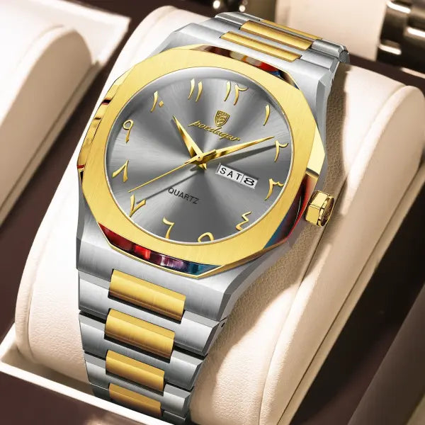 Stainless Steel Band Quartz Watch with Hidden Clasp for Men - 830 Gold Grey