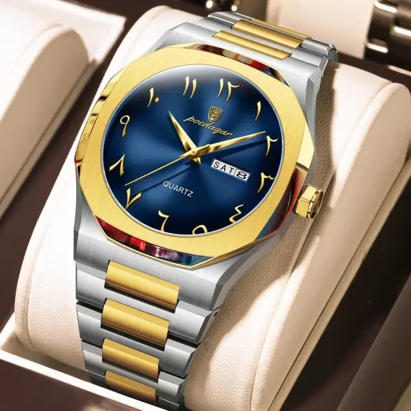 Stainless Steel Band Quartz Watch with Hidden Clasp for Men - 830 Gold Blue