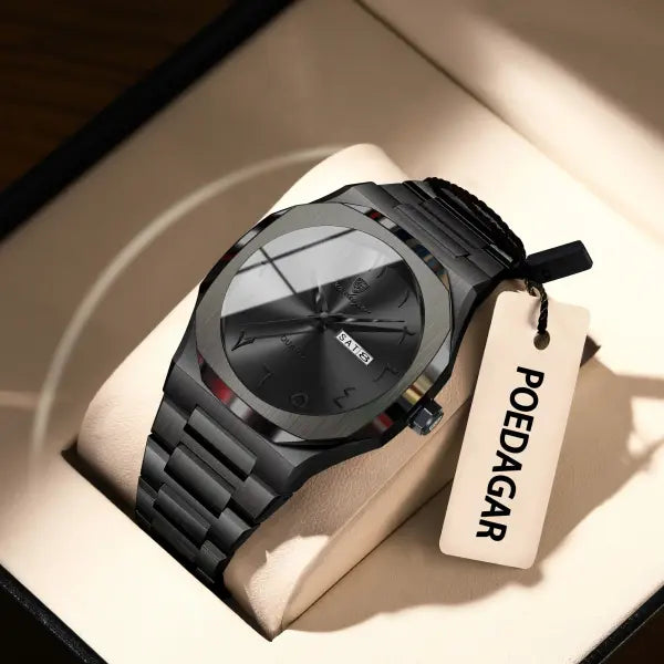 Stainless Steel Band Quartz Watch with Hidden Clasp for Men
