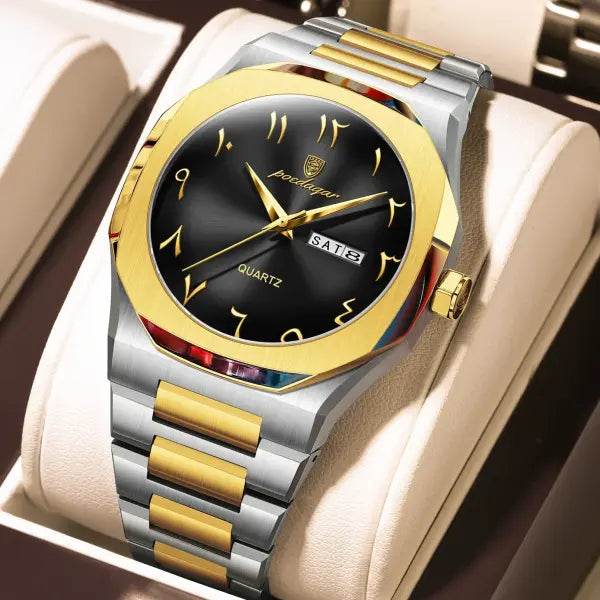 Stainless Steel Band Quartz Watch with Hidden Clasp for Men - 830 Gold Black