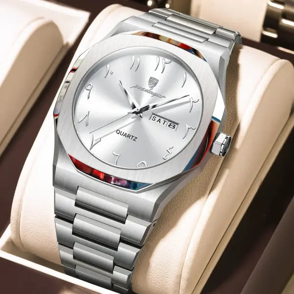 Stainless Steel Band Quartz Watch with Hidden Clasp for Men - 830 Silver White