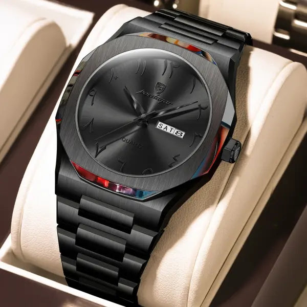 Stainless Steel Band Quartz Watch with Hidden Clasp for Men - 830 Black Black