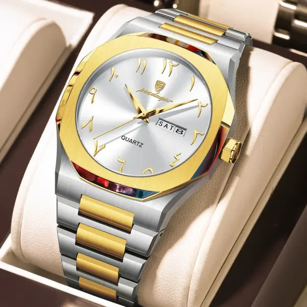 Stainless Steel Band Quartz Watch with Hidden Clasp for Men - 830 Gold White
