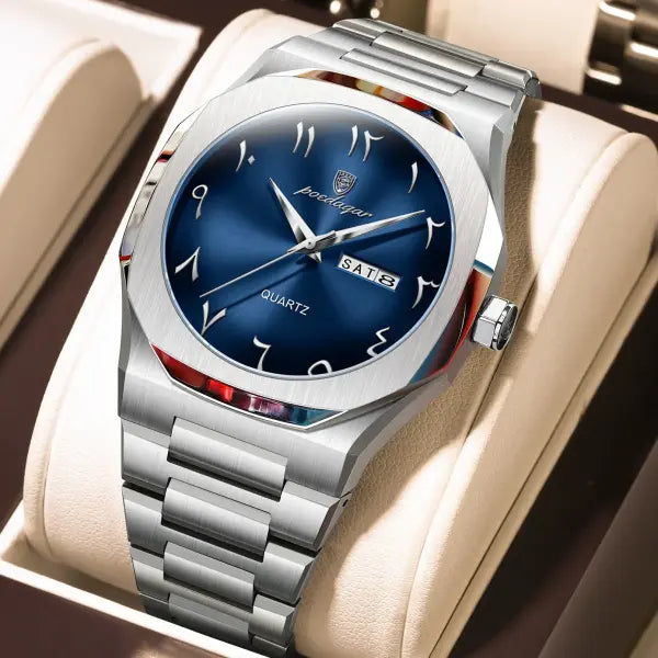Stainless Steel Band Quartz Watch with Hidden Clasp for Men - 830 Silver Blue