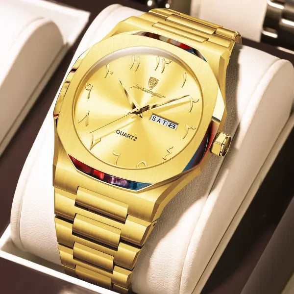 Stainless Steel Band Quartz Watch with Hidden Clasp for Men - 830 Gold Gold