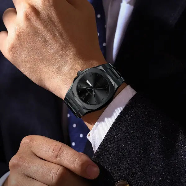 Stainless Steel Band Quartz Watch with Hidden Clasp for Men