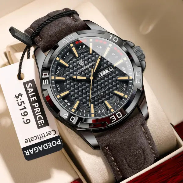 Quartz Watch with Leather Band and Arabic Numeral Markers - 895 Black Gold