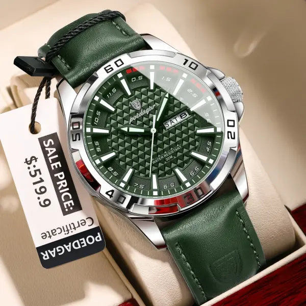 Quartz Watch with Leather Band and Arabic Numeral Markers - 895 Silver Green
