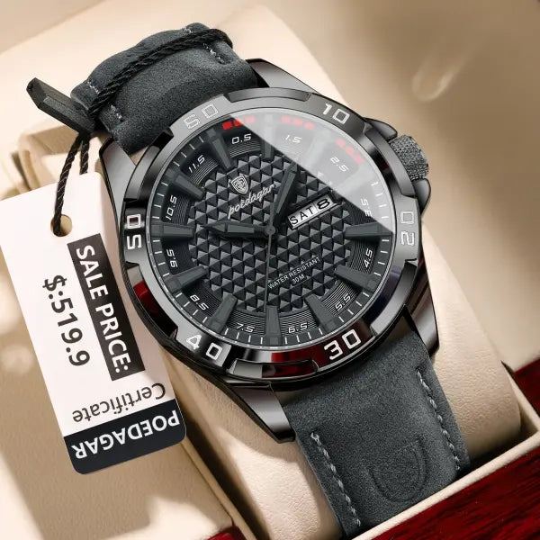Quartz Watch with Leather Band and Arabic Numeral Markers - 895 Black Black