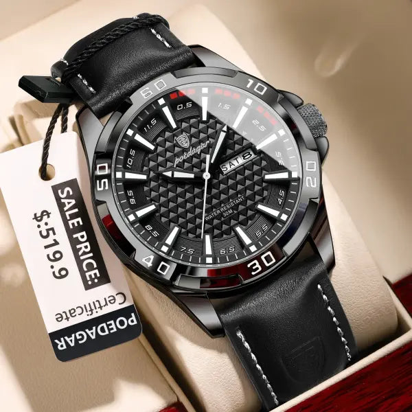Quartz Watch with Leather Band and Arabic Numeral Markers - 895 Black White