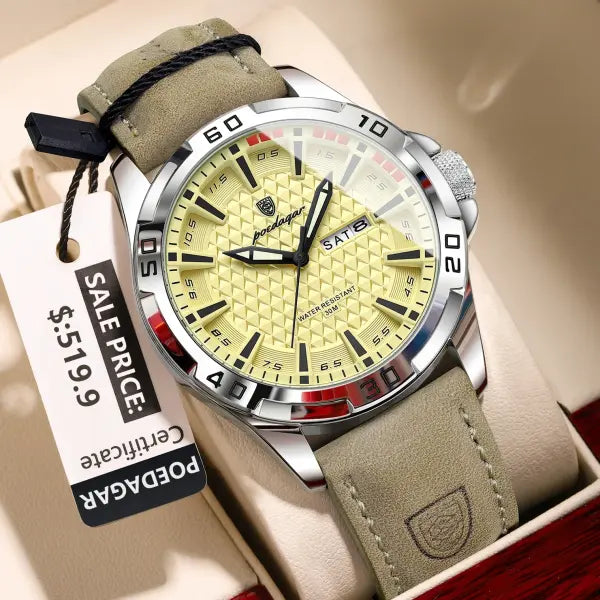 Quartz Watch with Leather Band and Arabic Numeral Markers - 895 Silver Yellow