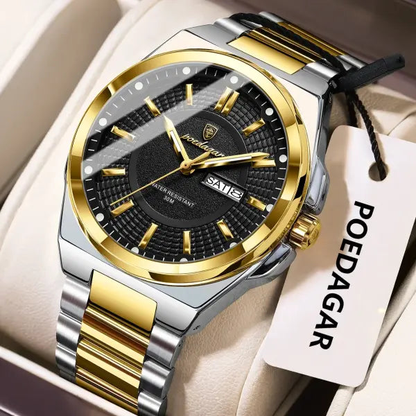 Poedagar Sport Quartz Wristwatch Stainless Steel Waterproof Luminous Hands - 896 Gold Black