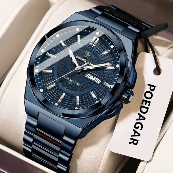 Poedagar Sport Quartz Wristwatch Stainless Steel Waterproof Luminous Hands - 896 Blue Blue