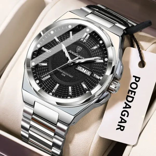 Poedagar Sport Quartz Wristwatch Stainless Steel Waterproof Luminous Hands - 896 Silver Black
