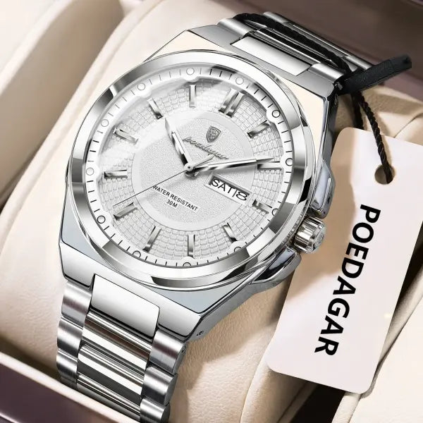 Poedagar Sport Quartz Wristwatch Stainless Steel Waterproof Luminous Hands - 896 Silver White