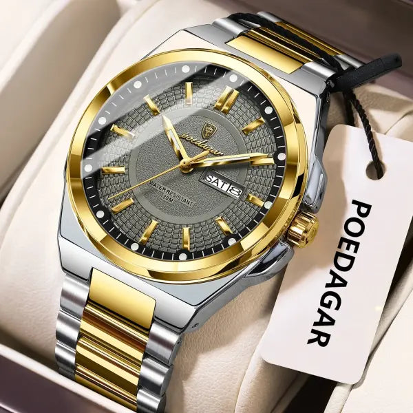 Poedagar Sport Quartz Wristwatch Stainless Steel Waterproof Luminous Hands - 896 Gold Grey