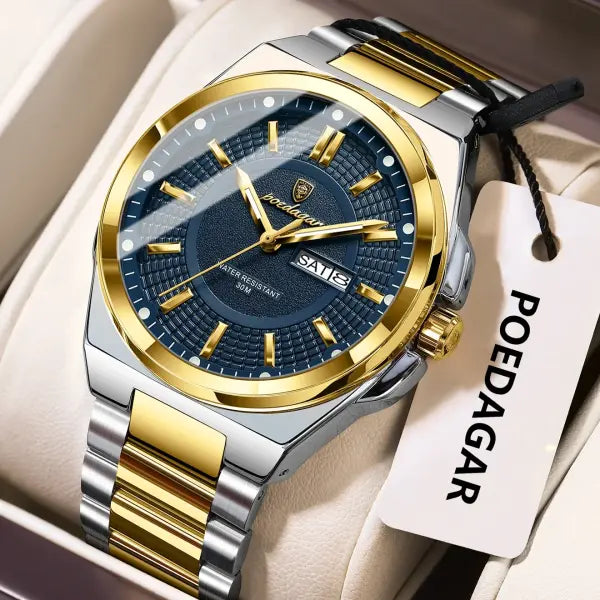 Poedagar Sport Quartz Wristwatch Stainless Steel Waterproof Luminous Hands - 896 Gold Blue