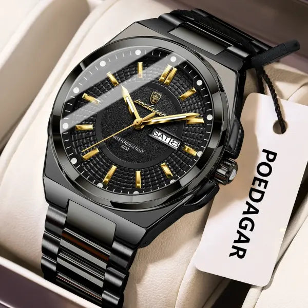 Poedagar Sport Quartz Wristwatch Stainless Steel Waterproof Luminous Hands - 896 Black Black
