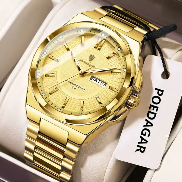 Poedagar Sport Quartz Wristwatch Stainless Steel Waterproof Luminous Hands - 896 Gold Gold