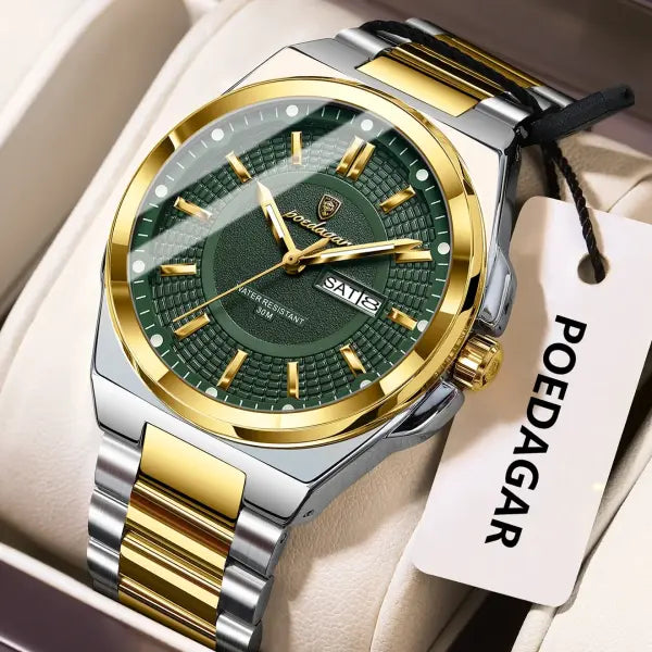 Poedagar Sport Quartz Wristwatch Stainless Steel Waterproof Luminous Hands - 896 Gold Green