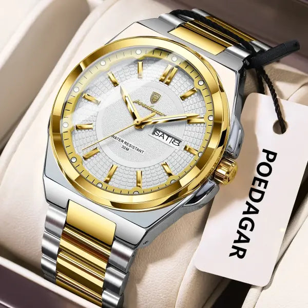Poedagar Sport Quartz Wristwatch Stainless Steel Waterproof Luminous Hands - 896 Gold White
