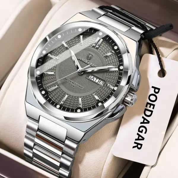 Poedagar Sport Quartz Wristwatch Stainless Steel Waterproof Luminous Hands - 896 Silver Grey